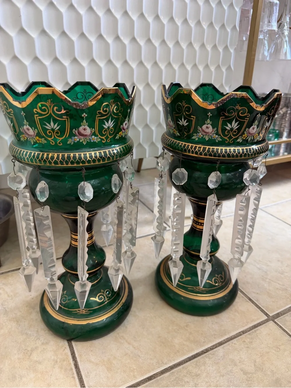 RARE Pair of Victorian Green and Gilt Art Glass Mantel Lusters